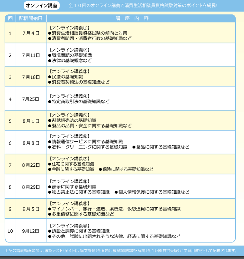 オンライン講座日程表