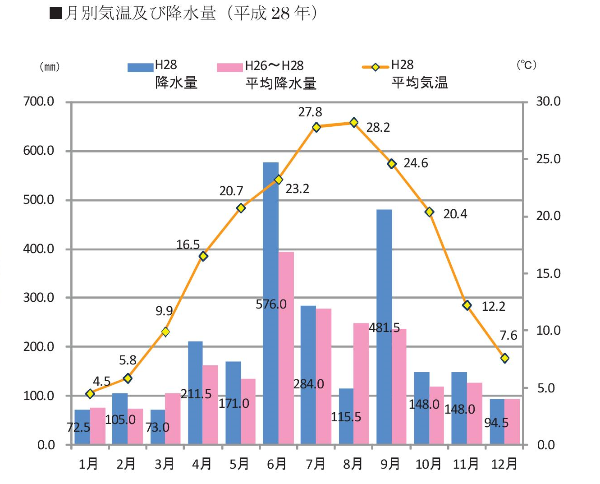 平成28年月別気温及び降水量グラフ