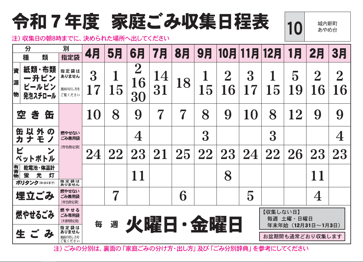 ごみ収集日程表　10コース