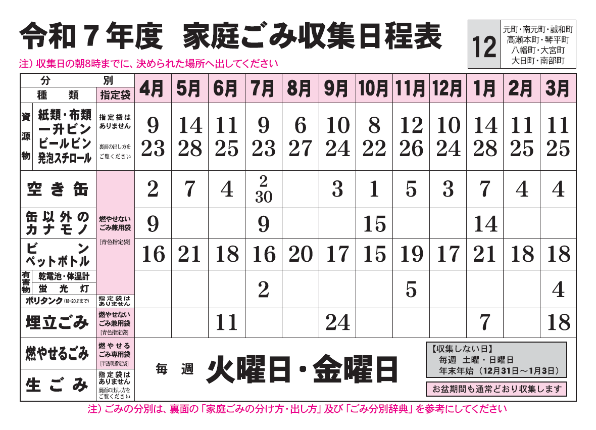 ごみ収集日程表　12コース