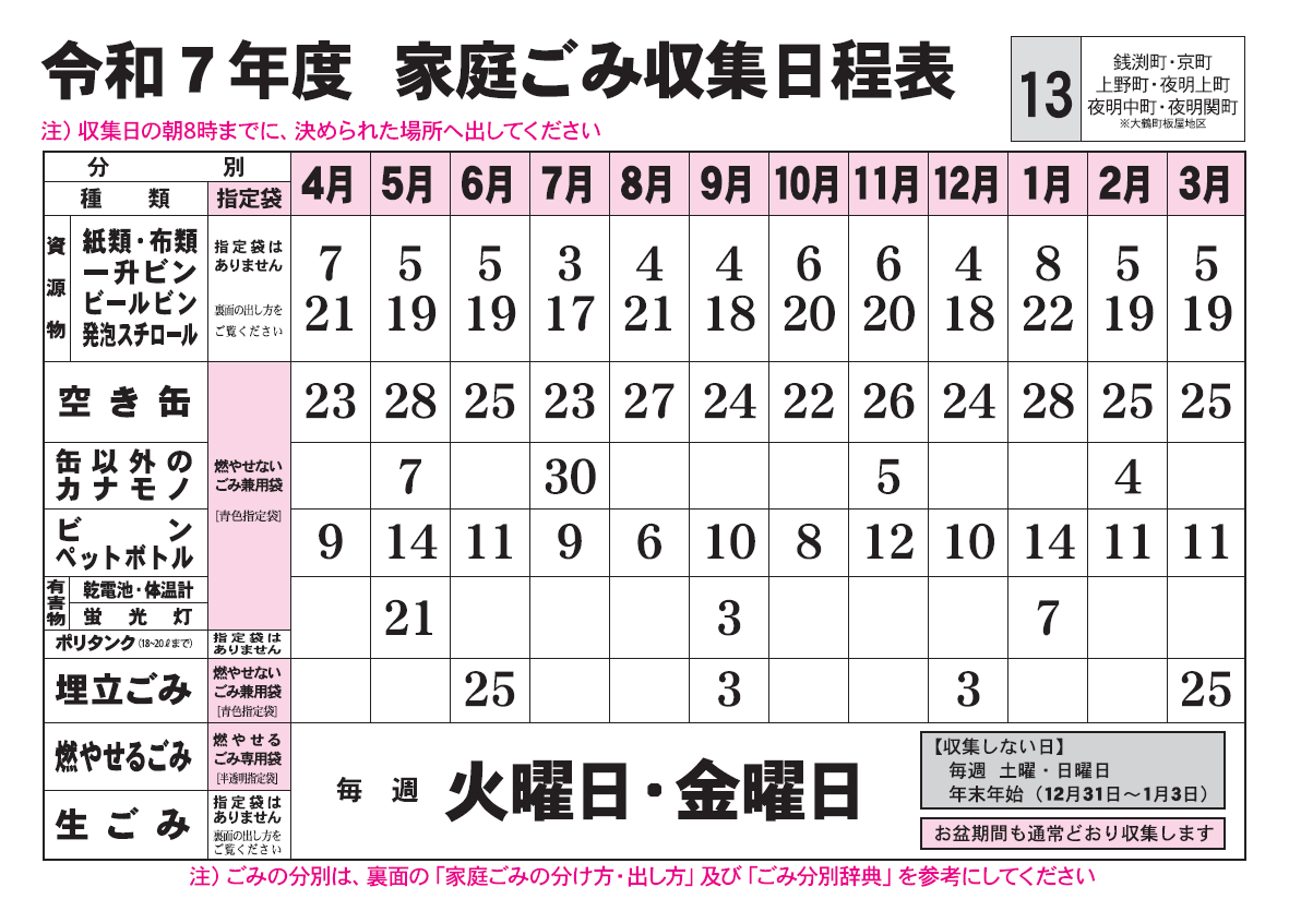 ごみ収集日程表　13コース