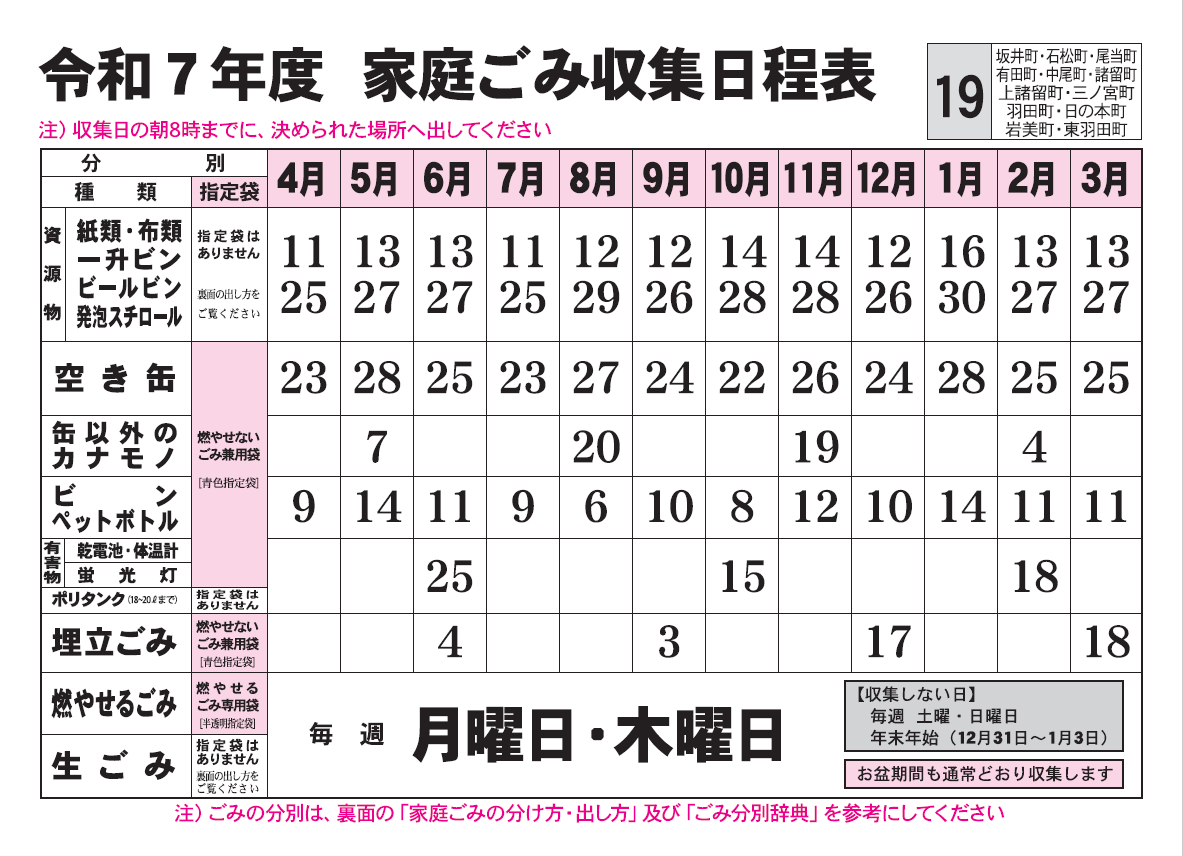 ごみ収集日程表　19コース