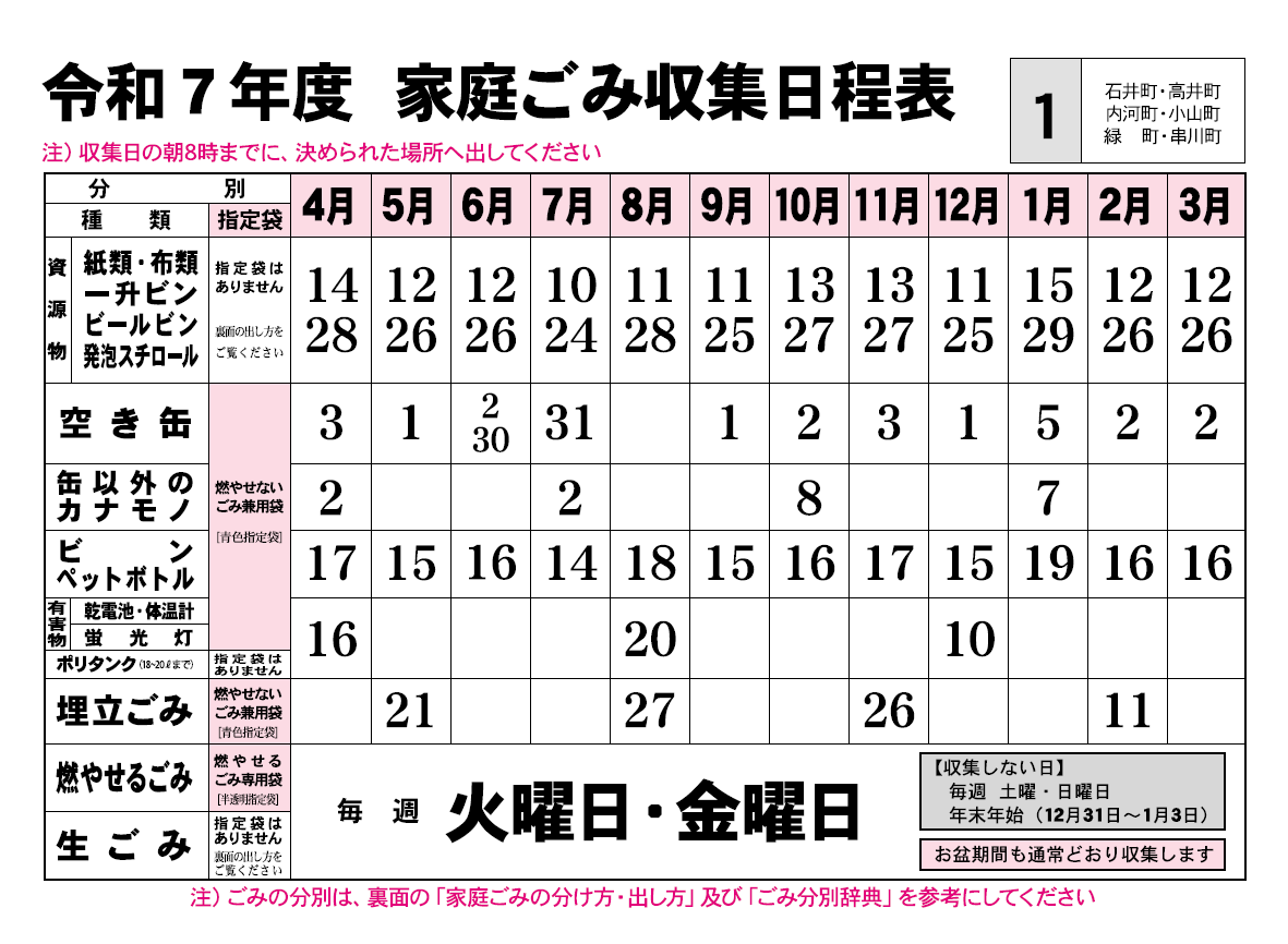 ごみ収集日程表　1コース