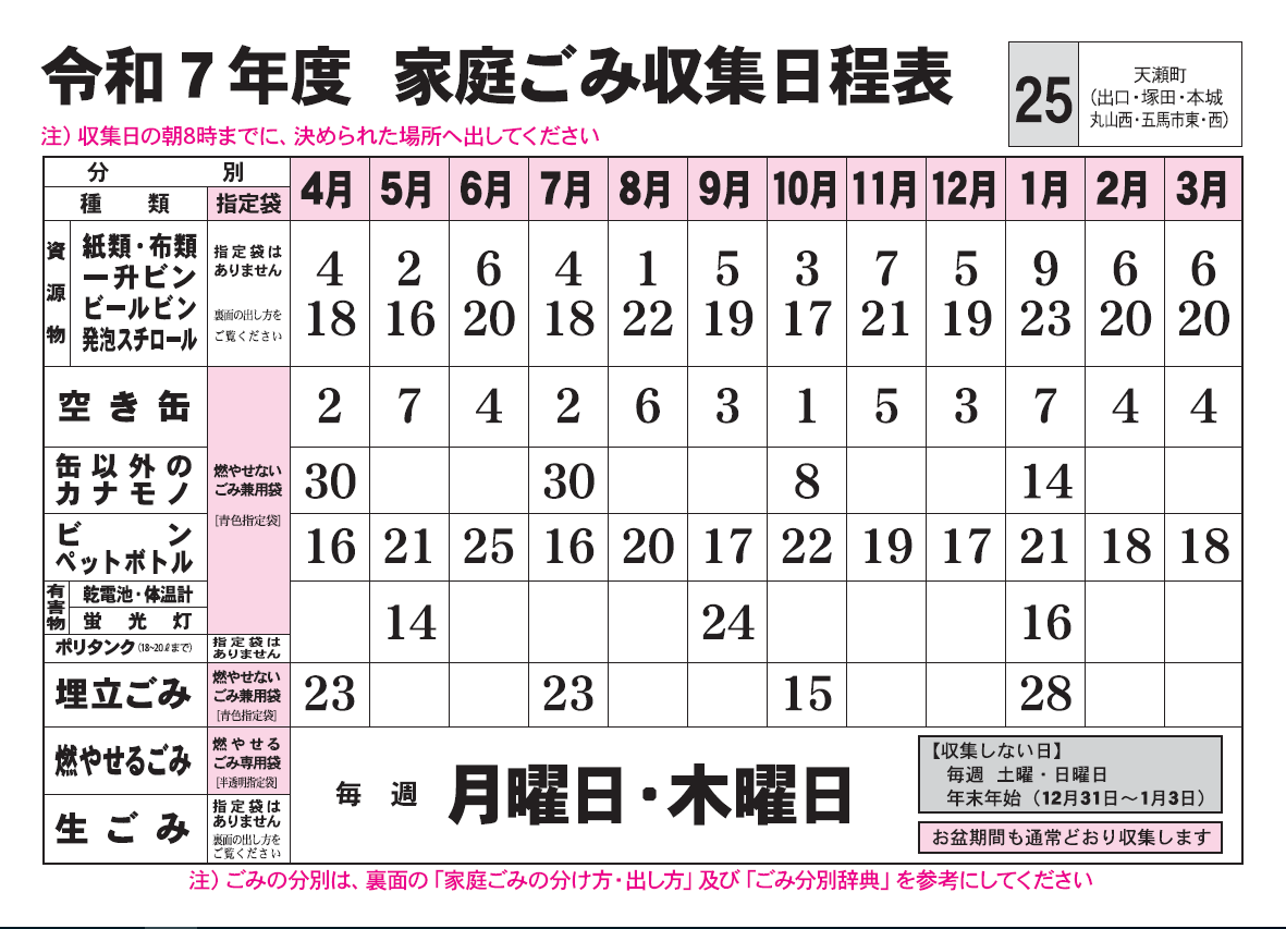 ごみ収集日程表　25コース