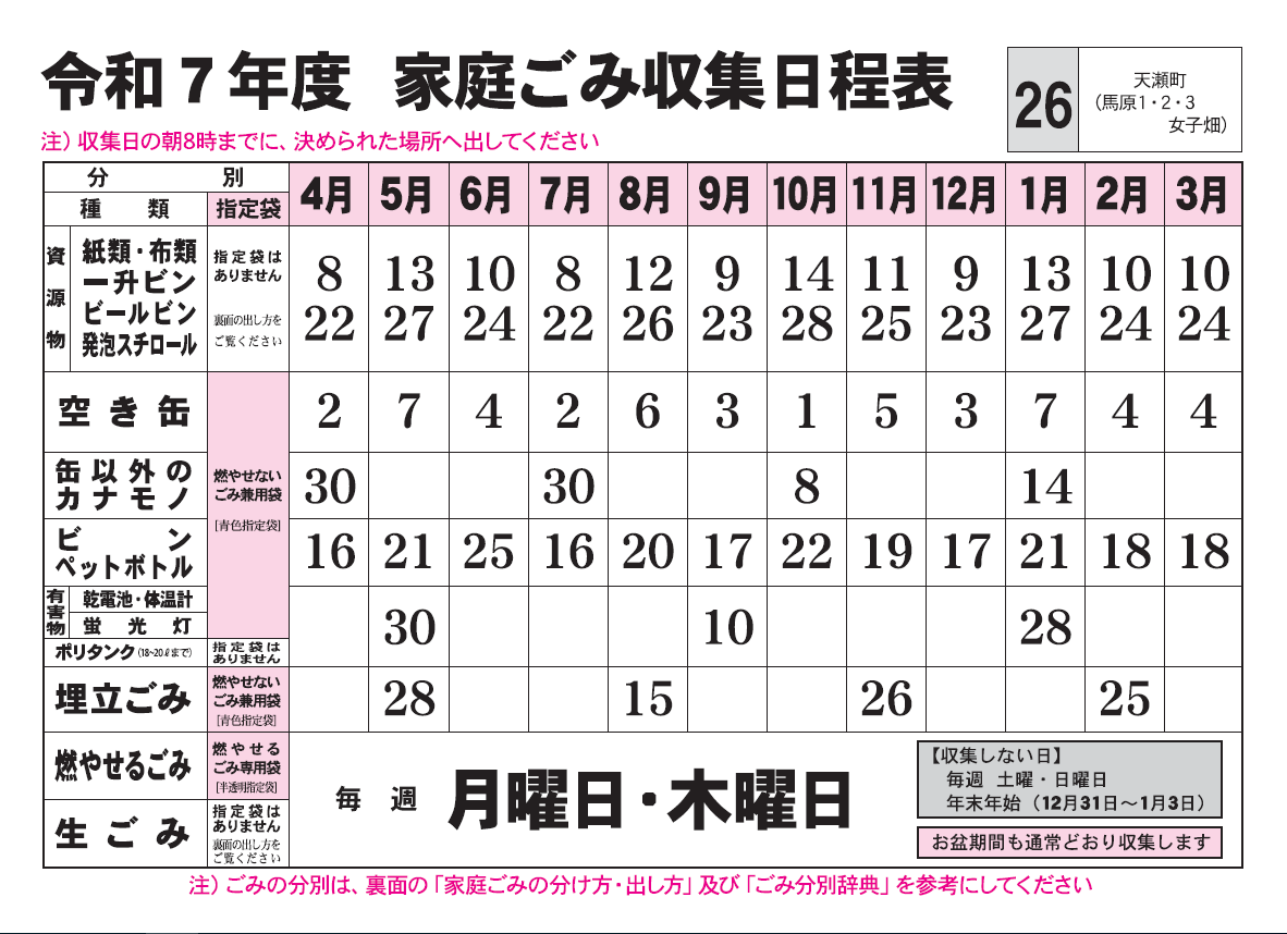 ごみ収集日程表　26コース