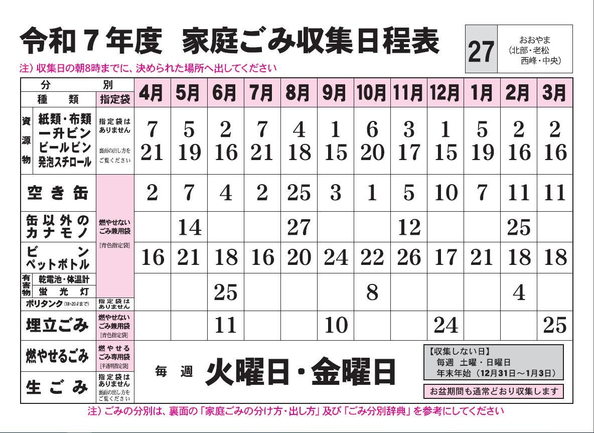 ごみ収集日程表　27コース