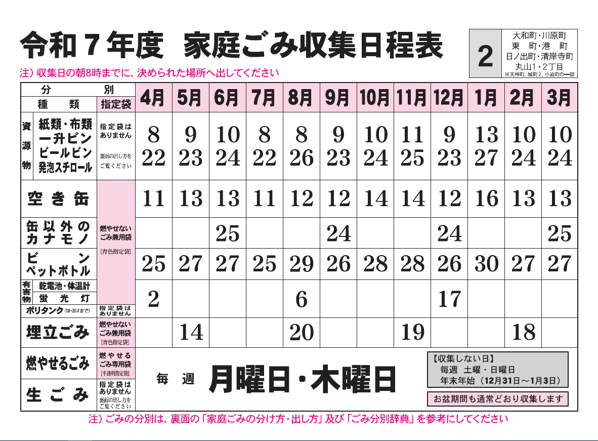 ごみ収集日程表　2コース
