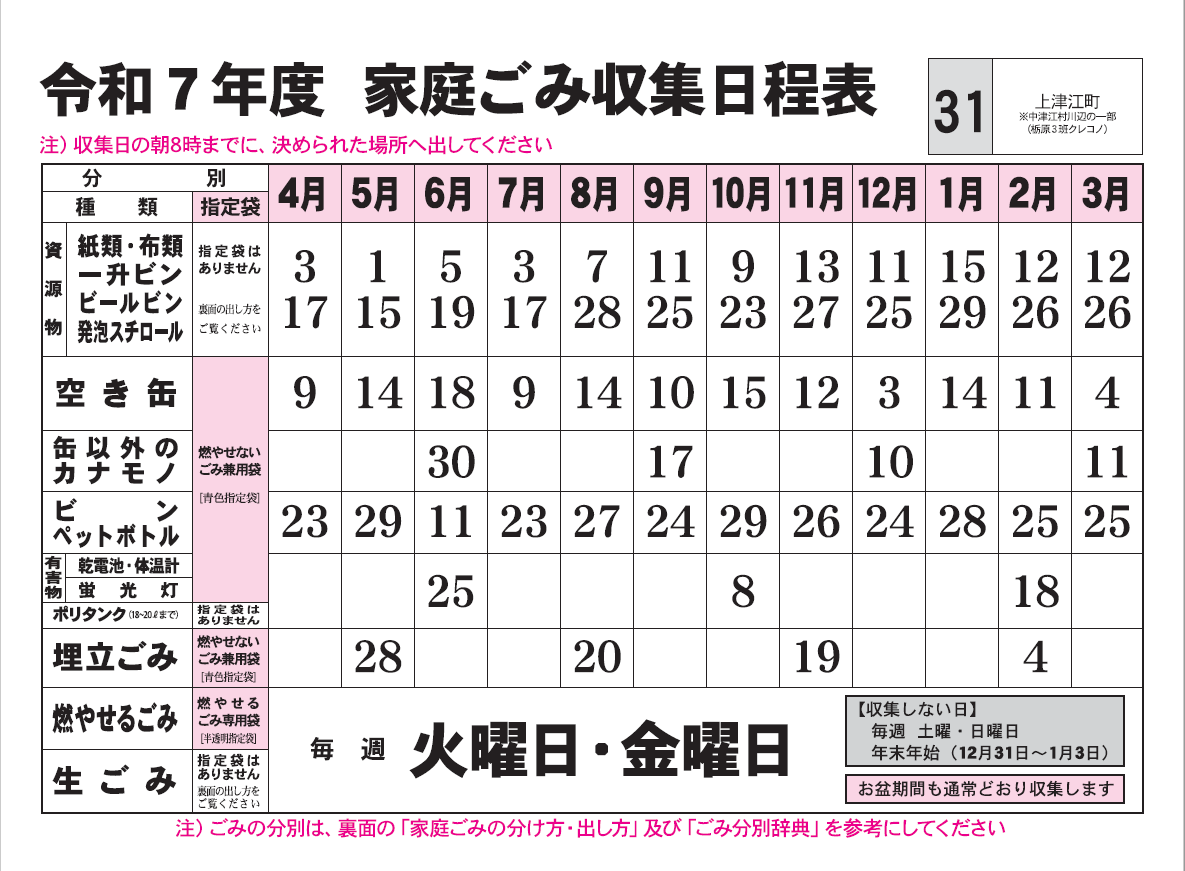 ごみ収集日程表　31コース