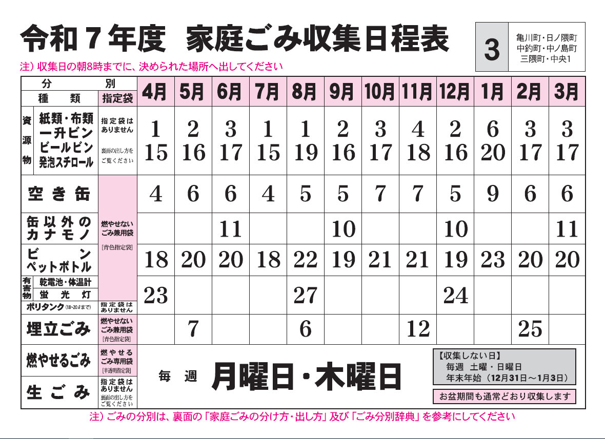 ごみ収集日程表　3コース