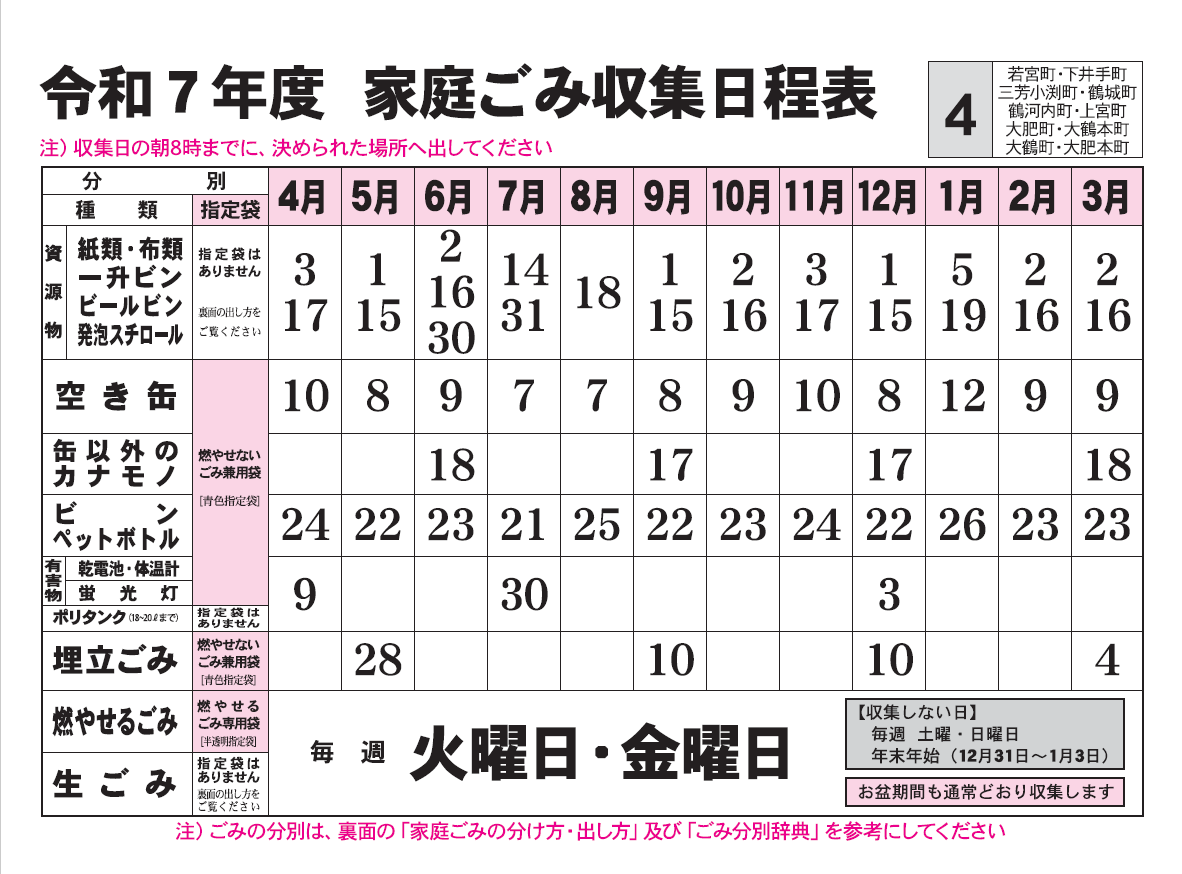 ごみ収集日程表　4コース