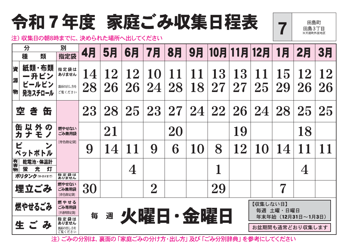 ごみ収集日程表　7コース