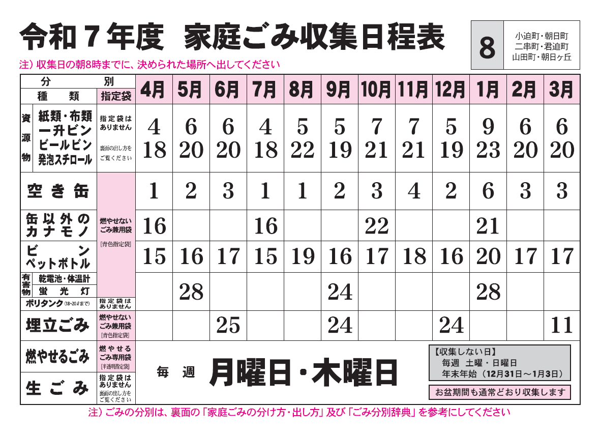 ごみ収集日程表　8コース
