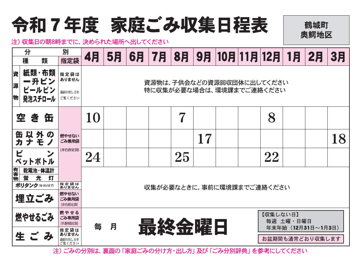 ごみ収集日程表　鶴城町奥鰐地区