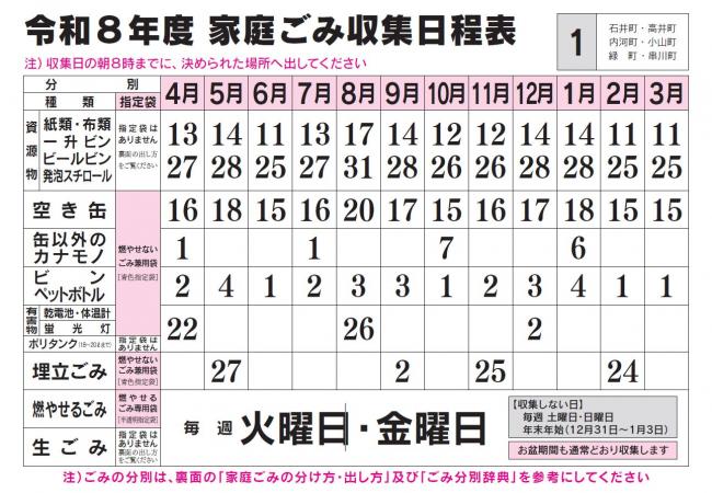 ごみ収集日程表 1コース