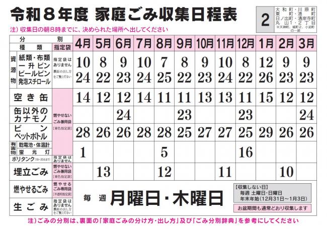 ごみ収集日程表 2コース