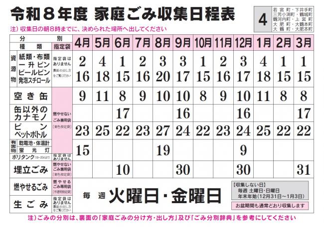 ごみ収集日程表 4コース