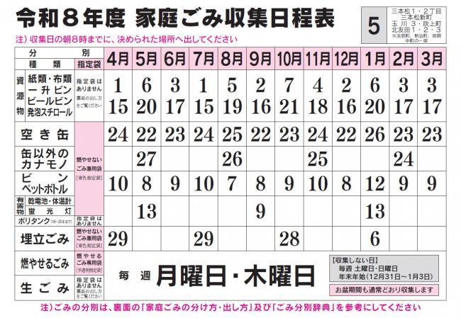 ごみ収集日程表 5コース