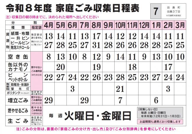 ごみ収集日程表 7コース