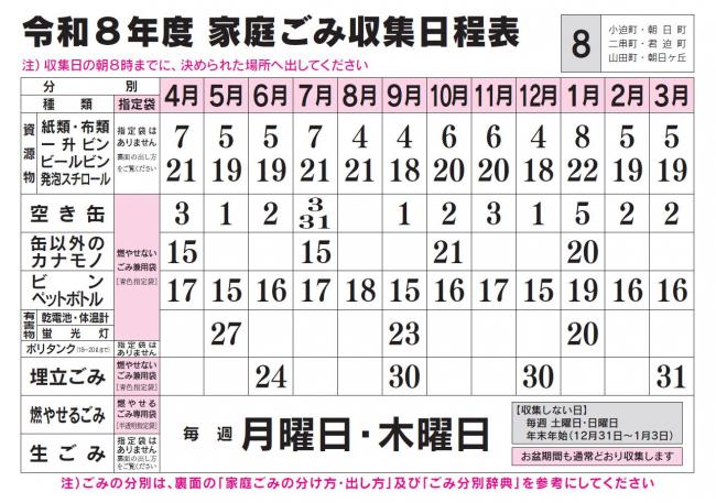 ごみ収集日程表 8コース
