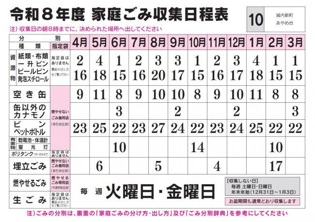 ごみ収集日程表 10コース
