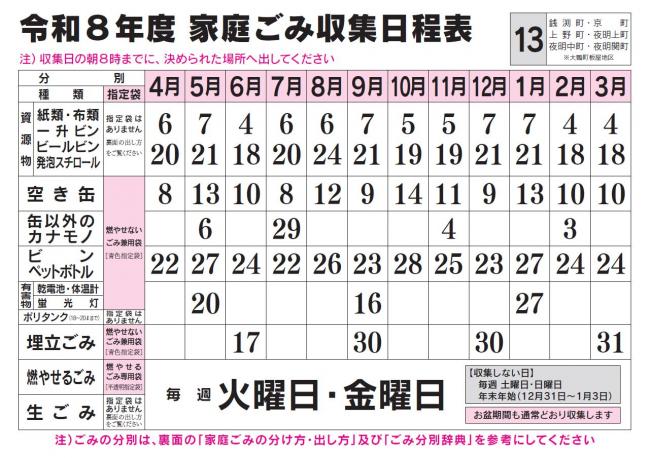 ごみ収集日程表 13コース