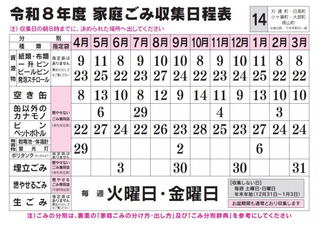 ごみ収集日程表 14コース