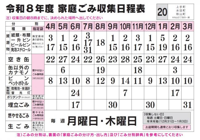 ごみ収集日程表 20コース