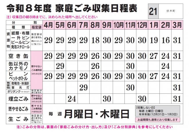 ごみ収集日程表 21コース