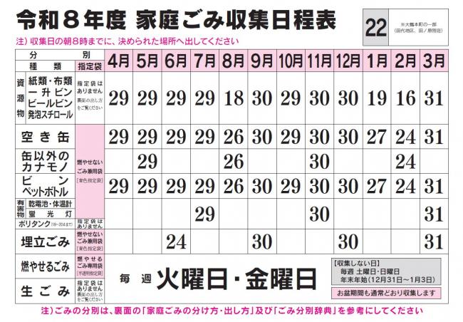 ごみ収集日程表 22コース