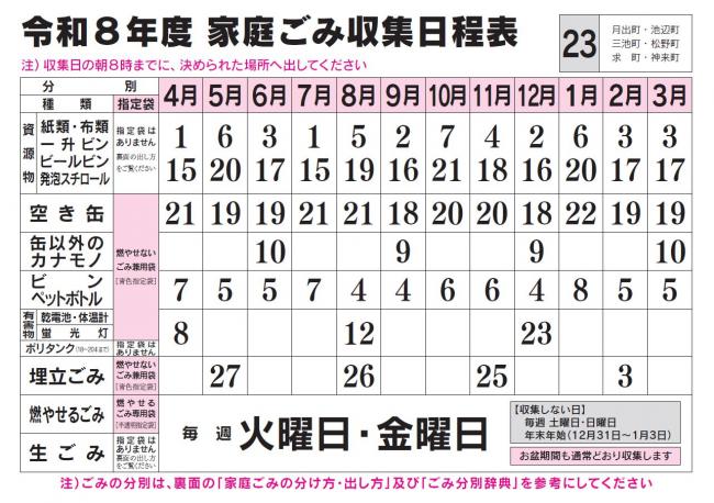 ごみ収集日程表 23コース