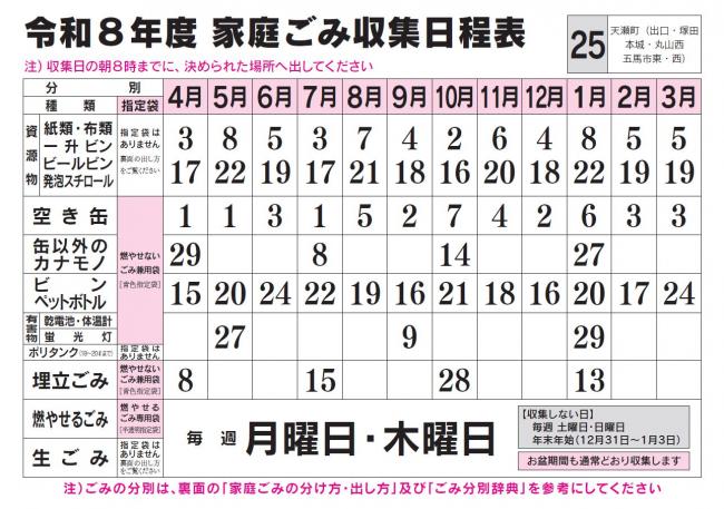 ごみ収集日程表 25コース
