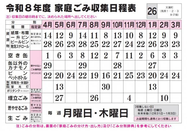ごみ収集日程表 26コース