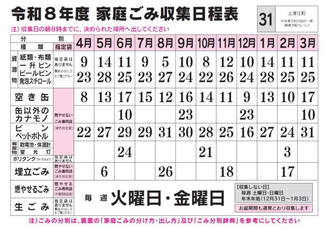 ごみ収集日程表 31コース