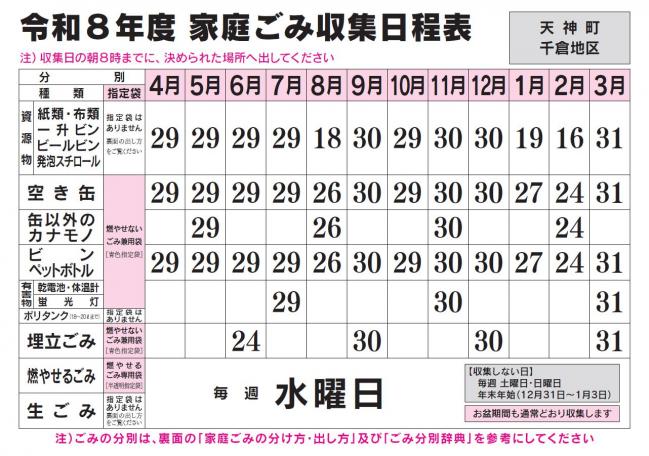 ごみ収集日程表 天神・千倉コース