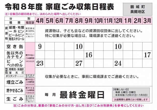 ごみ収集日程表 鶴城・奥鰐コース