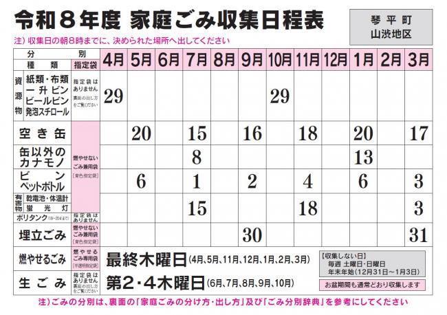 ごみ収集日程表 山渋コース