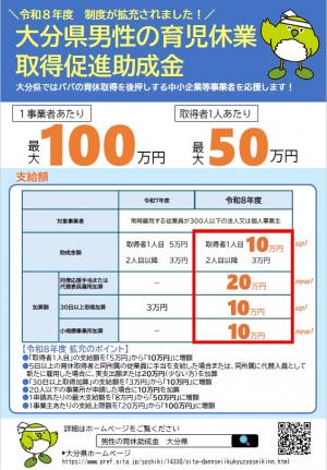 大分県男性の育児休業取得促進助成金のチラシ