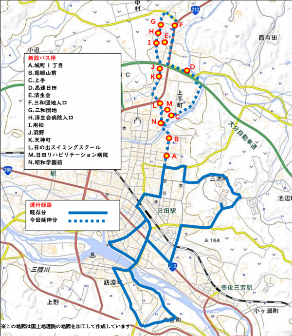 ひたはしり号Bコース見直し後ルート図