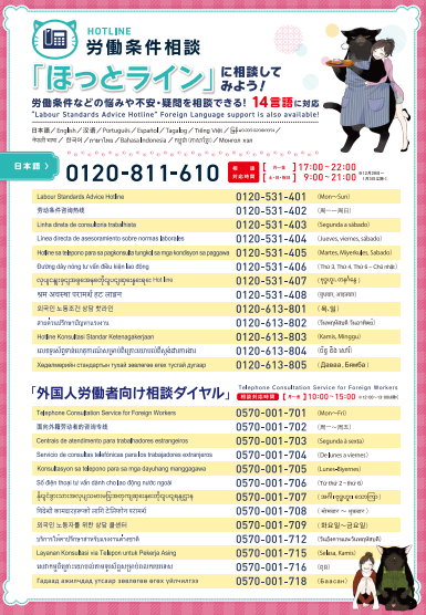 労働条件相談「ほっとライン」の電話番号が一覧表にまとまっている画像